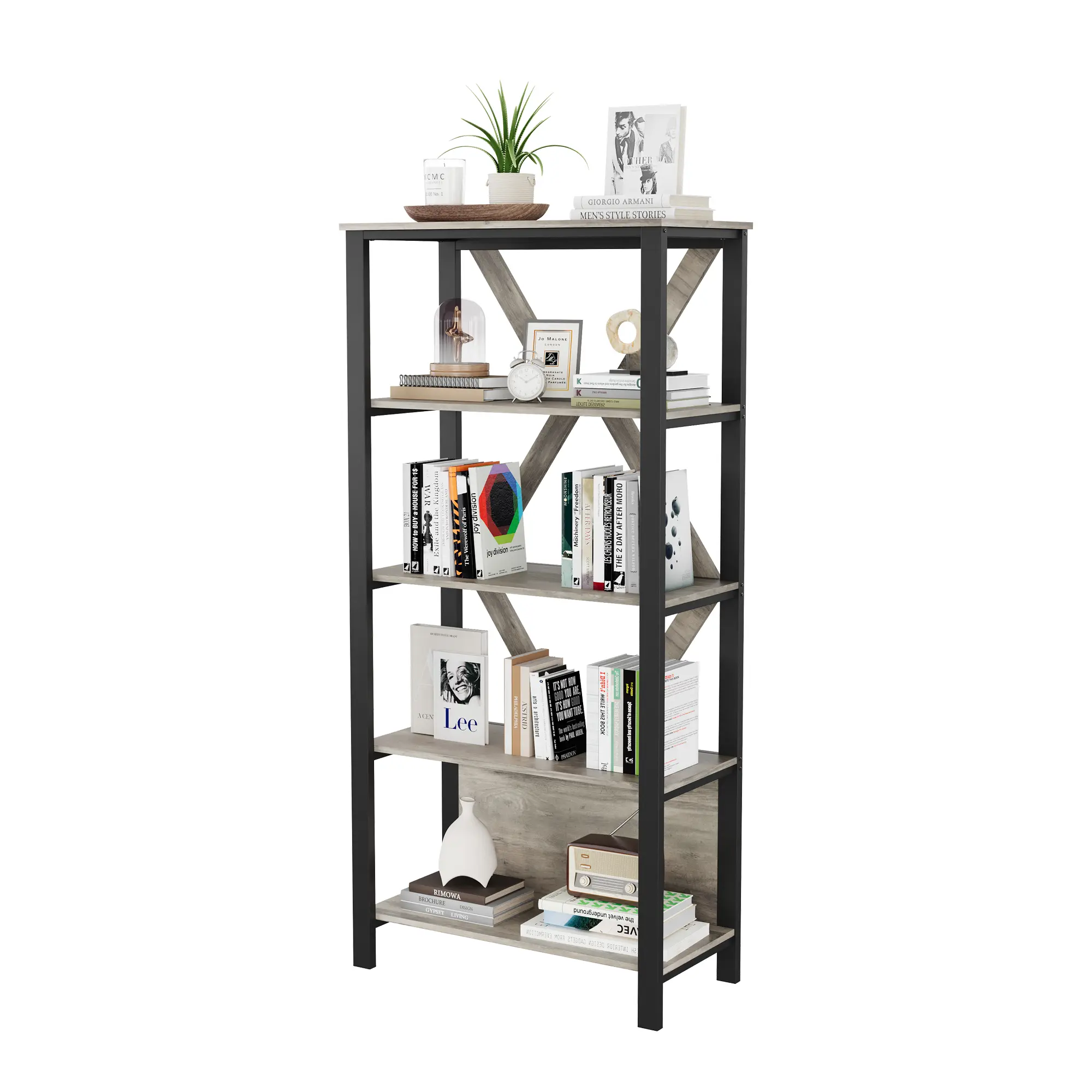 Industrial Bookshelf with Dimmable RGB LED Lights – Modern Freestanding Metal & Wood Bookcase – Open Storage Display Shelf – Sturdy Anti-Tip