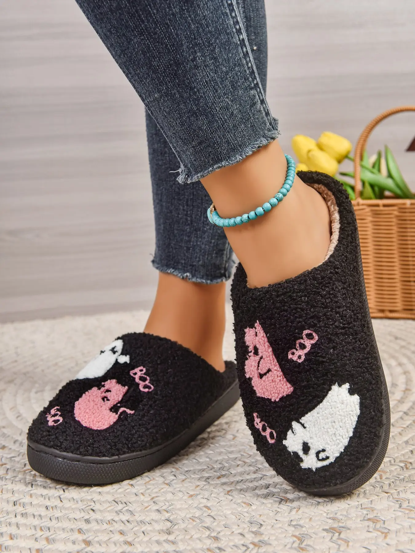 Halloween Elf Home Cotton Slippers, Unisex Fall Winter Indoor Non-Slip Toe Cover, Cartoon Pattern, Casual Style, Medium Width