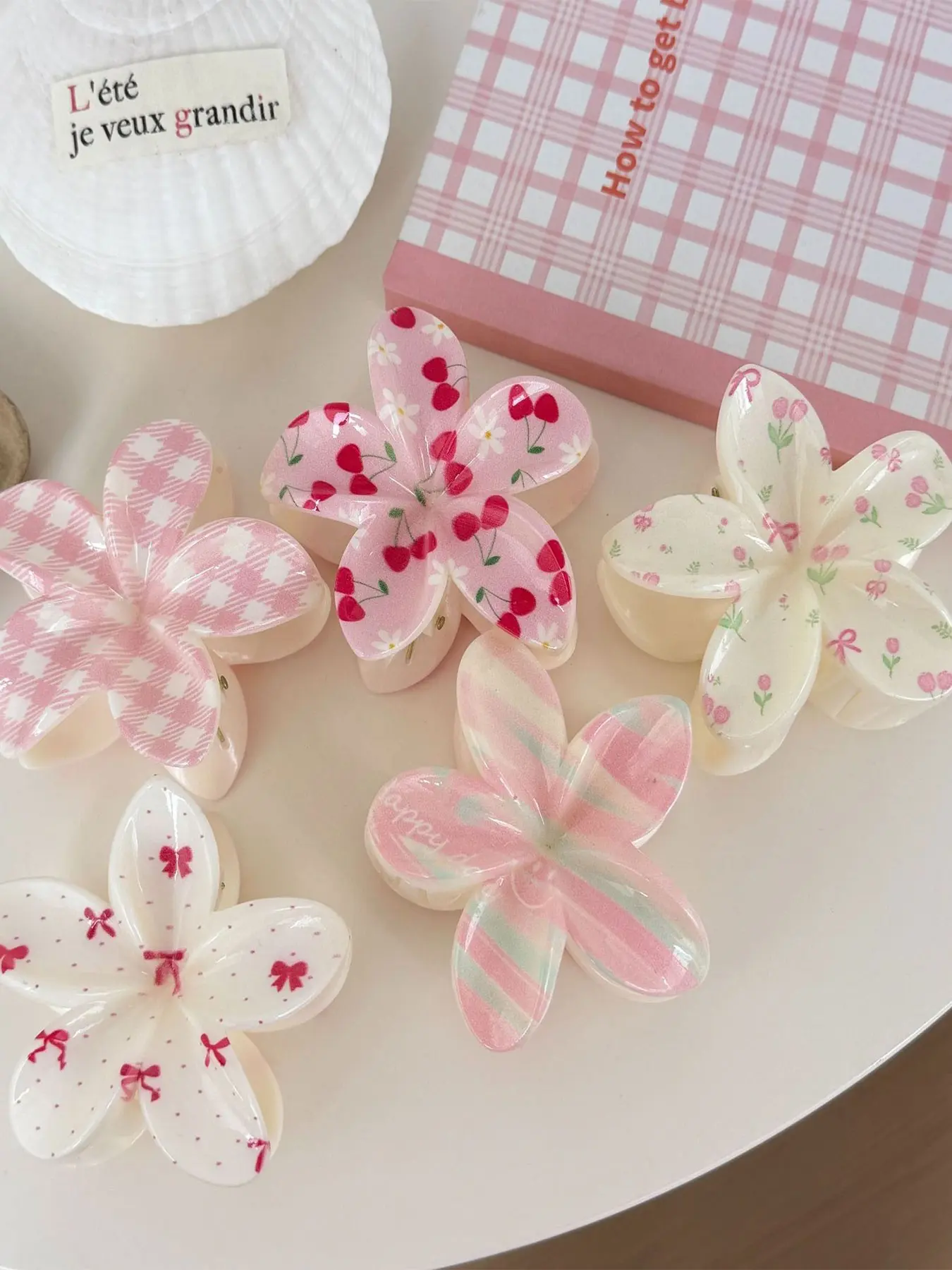 5pcs New Plaid Cherry Print Egg Flower Hair Claw Clips, Fashionable Sweet Cute Women's Back Head Bun Shark Clip, Summer Vacation Leisure Hair Accessories