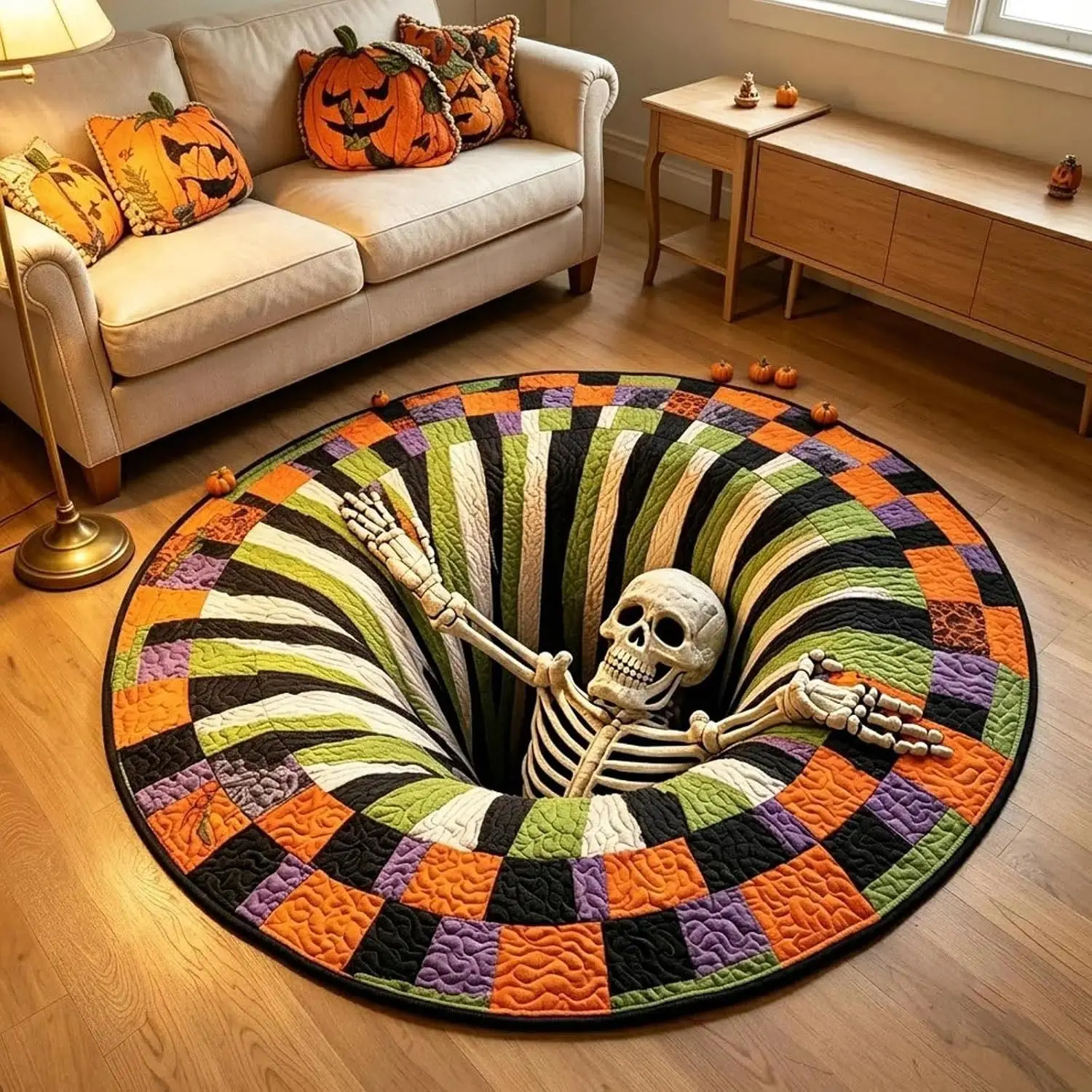 Halloween Round Area Rug with Skeleton Design, Colorful Spooky Floor Mat for Living Room, Bedroom and Entryway, Halloween Party Decorations and Fall Home Decor