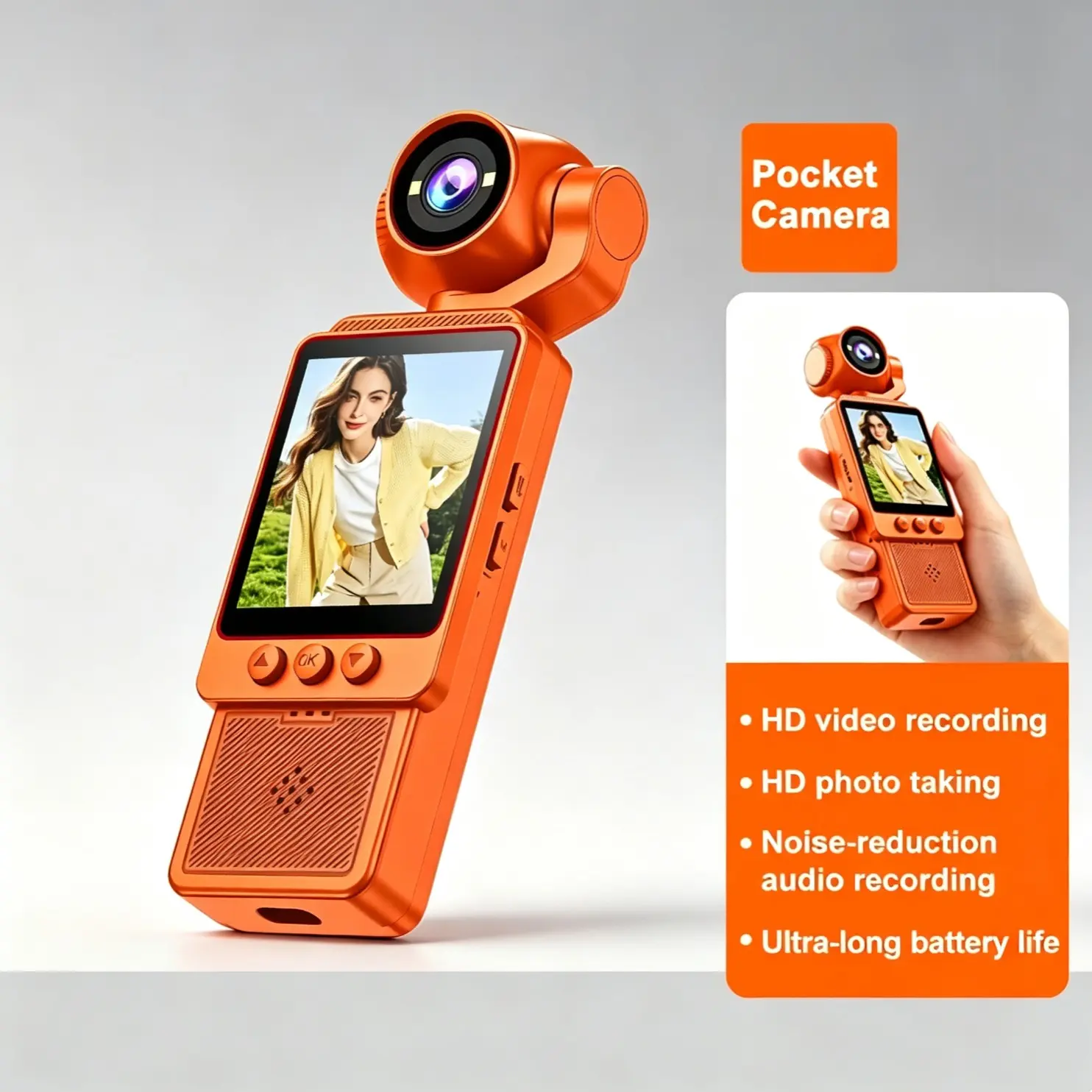 Handheld Sports Camera, 180 Degrees Rotatable Wide Angle Lens, WiFi Phone Connection,  1000mah Battery, Includes 8GB TF Card