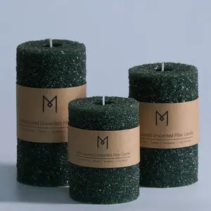 Hand-Poured Granular Texture Decorative Dark Green Pillar Candles Set of 3 (3"x4", 5", 6"), Approx 300 Hours  Time, Dripless, Unscented, , for Christmas Winter Holidays Decor