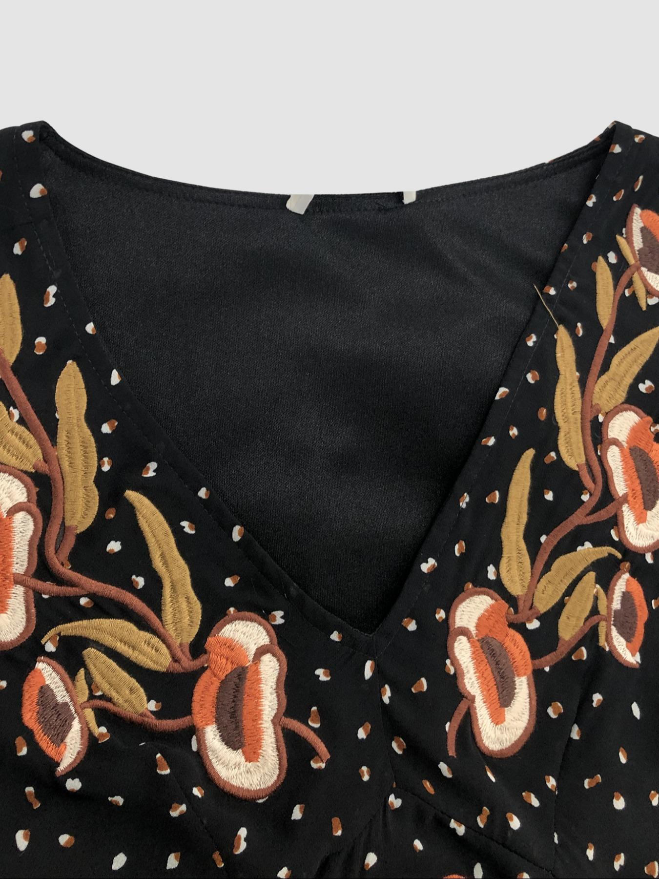 Women's Boho Flroal Embroidery Ruffled Hem V Neck A Line Fitted Woven Dress, All Over Print Bishop Sleeve Midi Dress for Spring & Fall, Women's Casual Clothing for Daily Wear