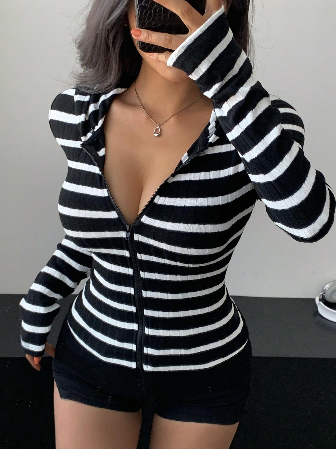 Women's Simple Striped Zipper Fitted Knit Long Sleeve Hoodie, Casual Daily Wear, Everyday, Comfortable and Stylish, Perfect for Spring & Fall Seasons, Sweatshirts, Tops