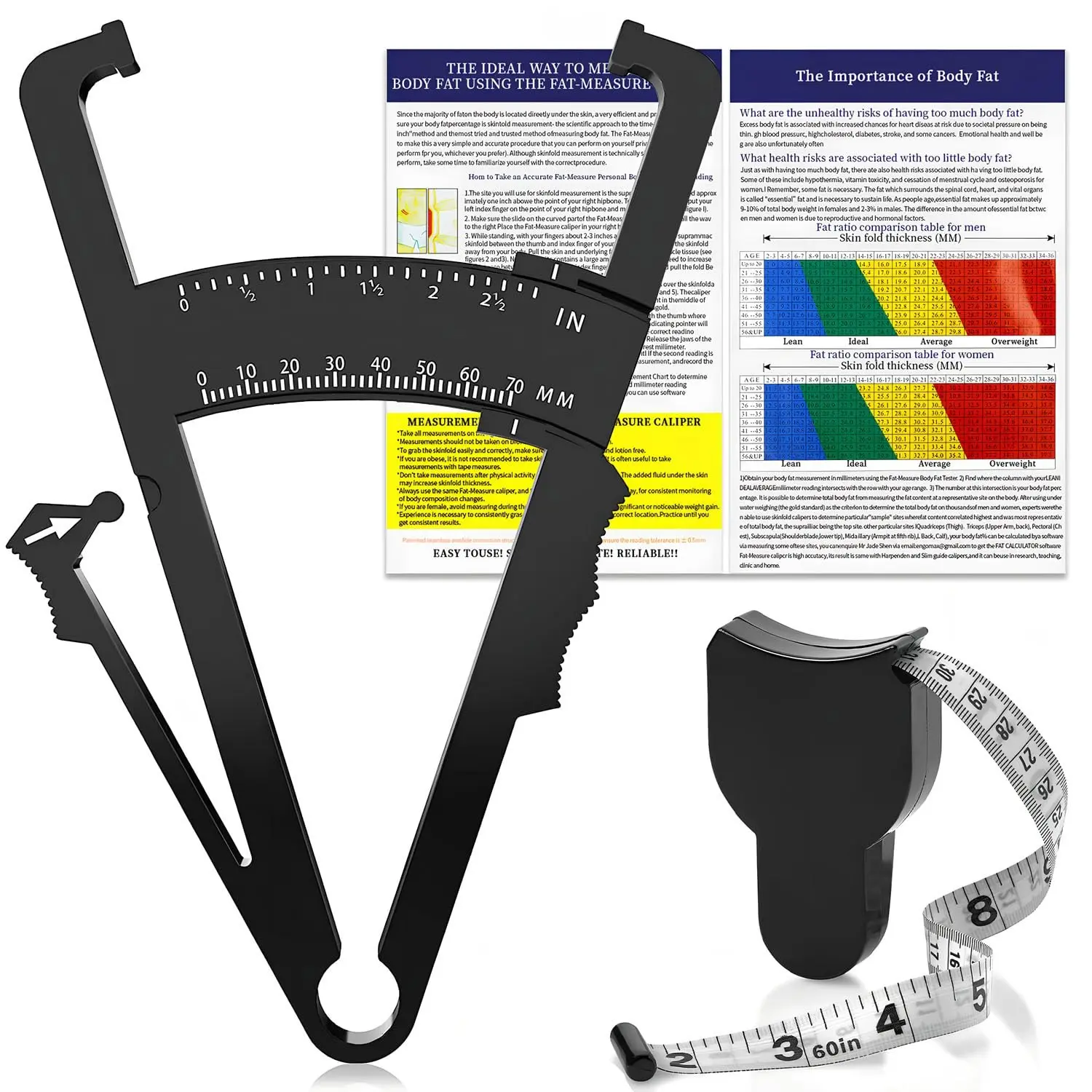 Body Fat Caliper and Body Measure Tape 60inch for Accurately Measuring BMI Skin Fold Fitness and Weight-Loss (Black)