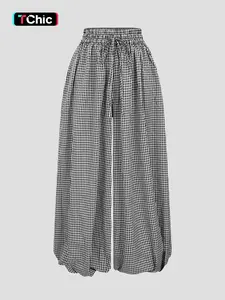 Women's Gingham Woven Wide Leg Pants, Adjustable Elastic High Waist with Drawstring, Balloon Hem, Daily Casual Vacation Wear