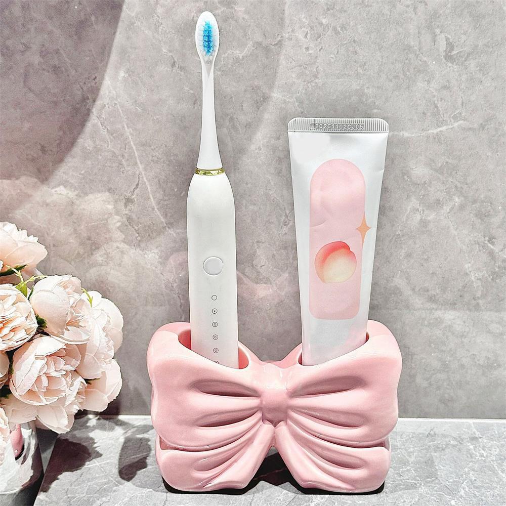 Bowknot Design Toothbrush Holder, 1 Count Ceramic Toothbrush Storage Rack, Bathroom Supplies for Home Hotel Salon Dormitory, Toothbrush Cup Holder