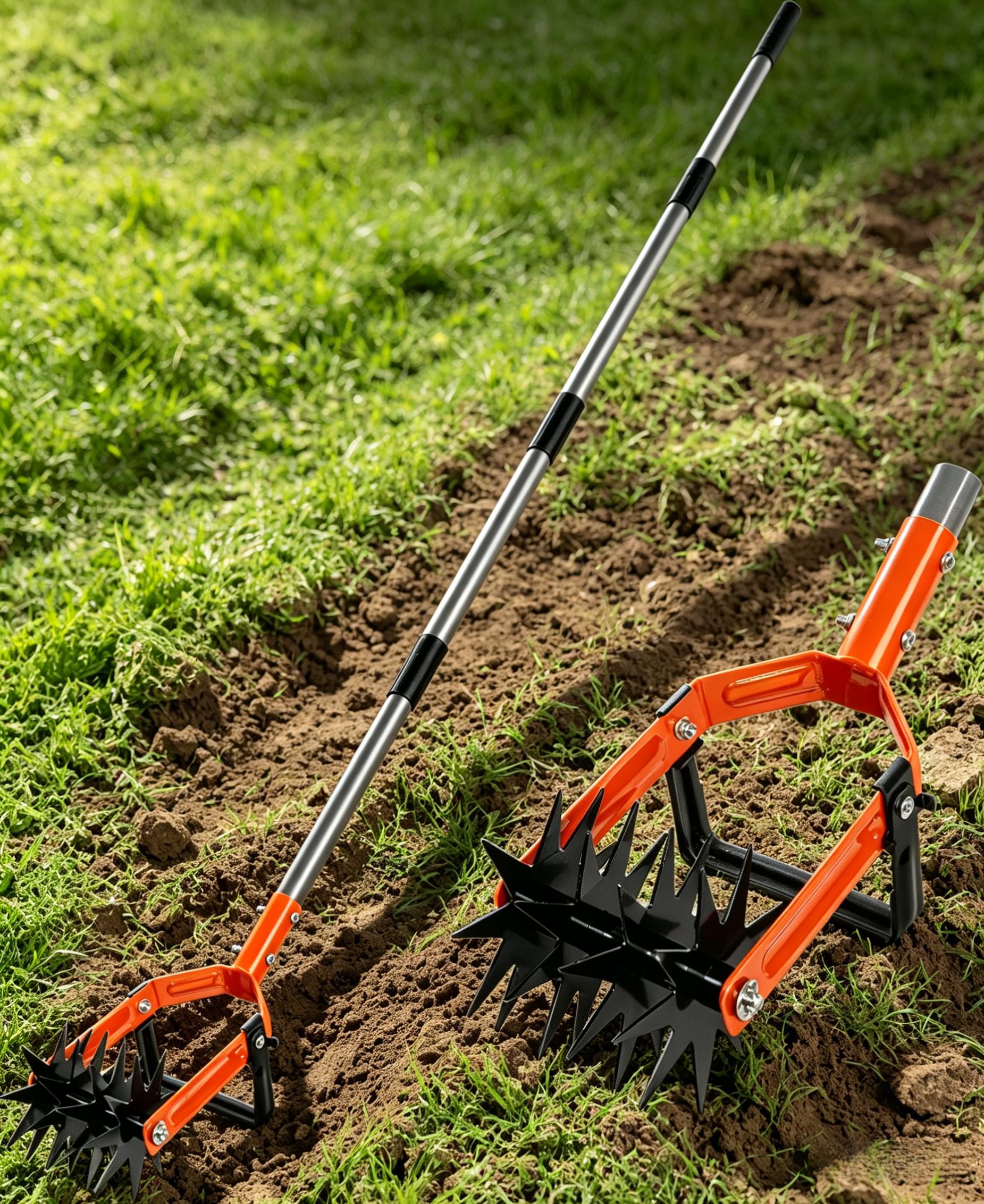 Rotary Cultivator Garden Tool, Adjustable Long Handle Hand Tiller with Star-Shaped Rolling Tines, 2-in-1 Weeder & Soil Aerator for Lawn Care, Reseeding Grass, Soil Mixing, Manual Yard Tiller