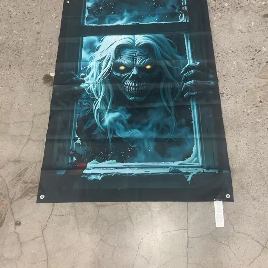 2DD flat banner 1 sheet Halloween window party banner. Polyester material, featuring a terrifying night scene with ghost and skull decorations. Suitable for horror-themed events, both indoors and outdoors. KDJ