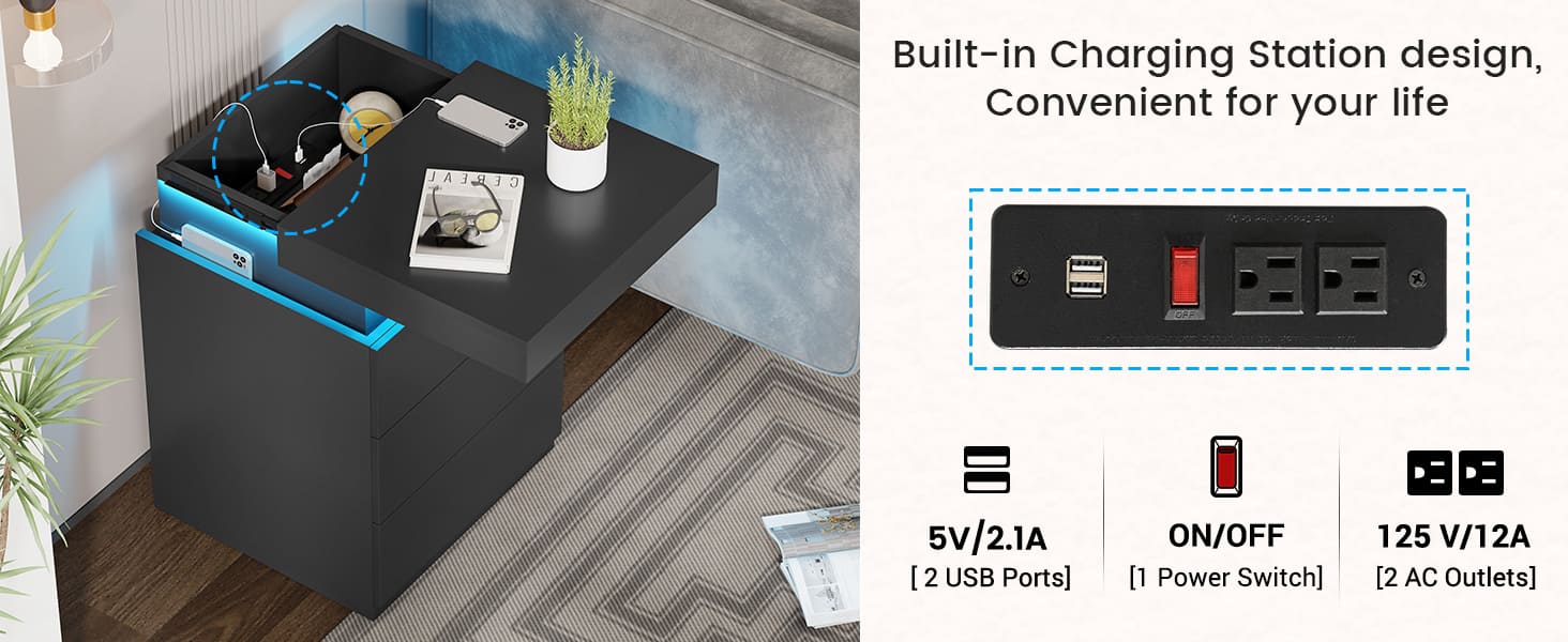 SIKAIC 2PCS Nightstand with LED Lights Charging Station Black