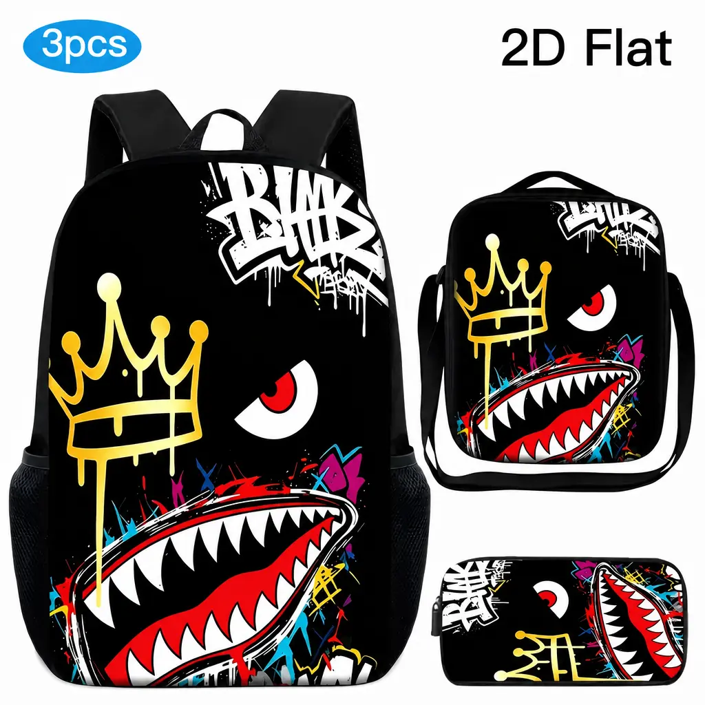 3-Piece High-Capacity Backpack Set with 2D Slanted Print Smiley Face, Adjustable Shoulder Straps, Lunch Bag & Pencil Case - Prop 65 Safe Backpacks for School, Camping, Back To School Shopping, School Backpack,bookbag,school backpack,multiple style