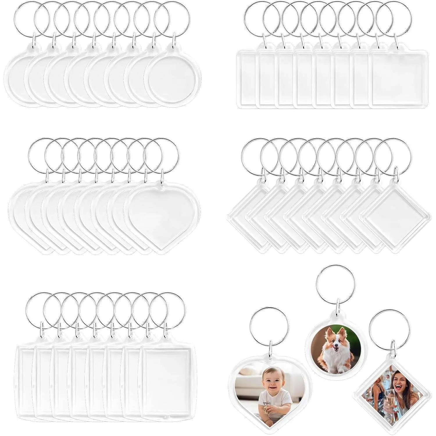 50 count Pendant Picture Frame Keyrings, Clear  Photo Frame Keyring, Make Your Own Personalized Keyring Kit, Central Pendant for  To Assemble And Attach To Key Rings