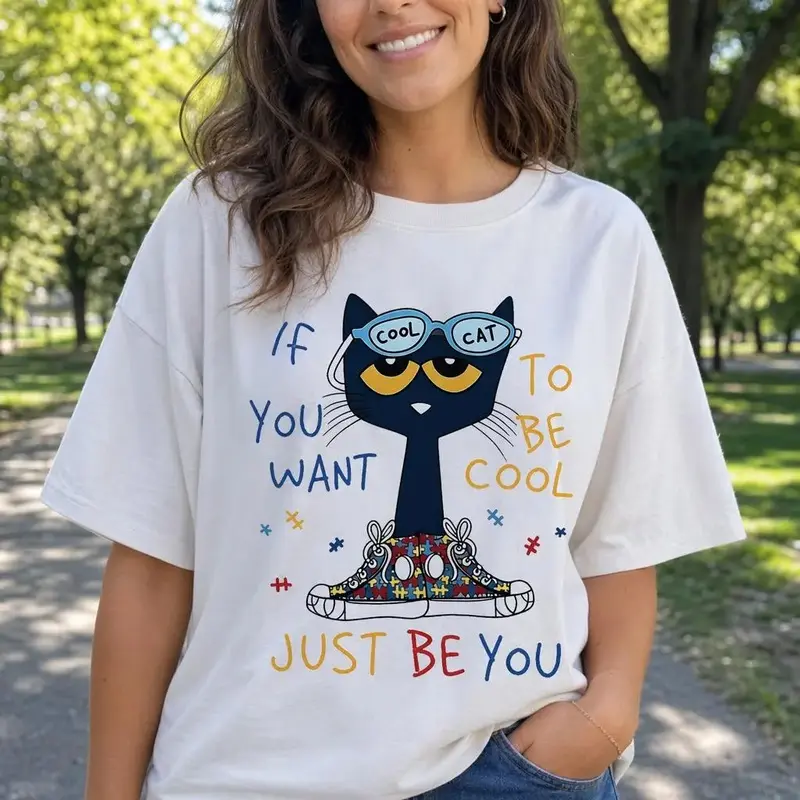 Cool Cat Autism Awareness Shirt Women Just Be You Graphic Tee Plus Size