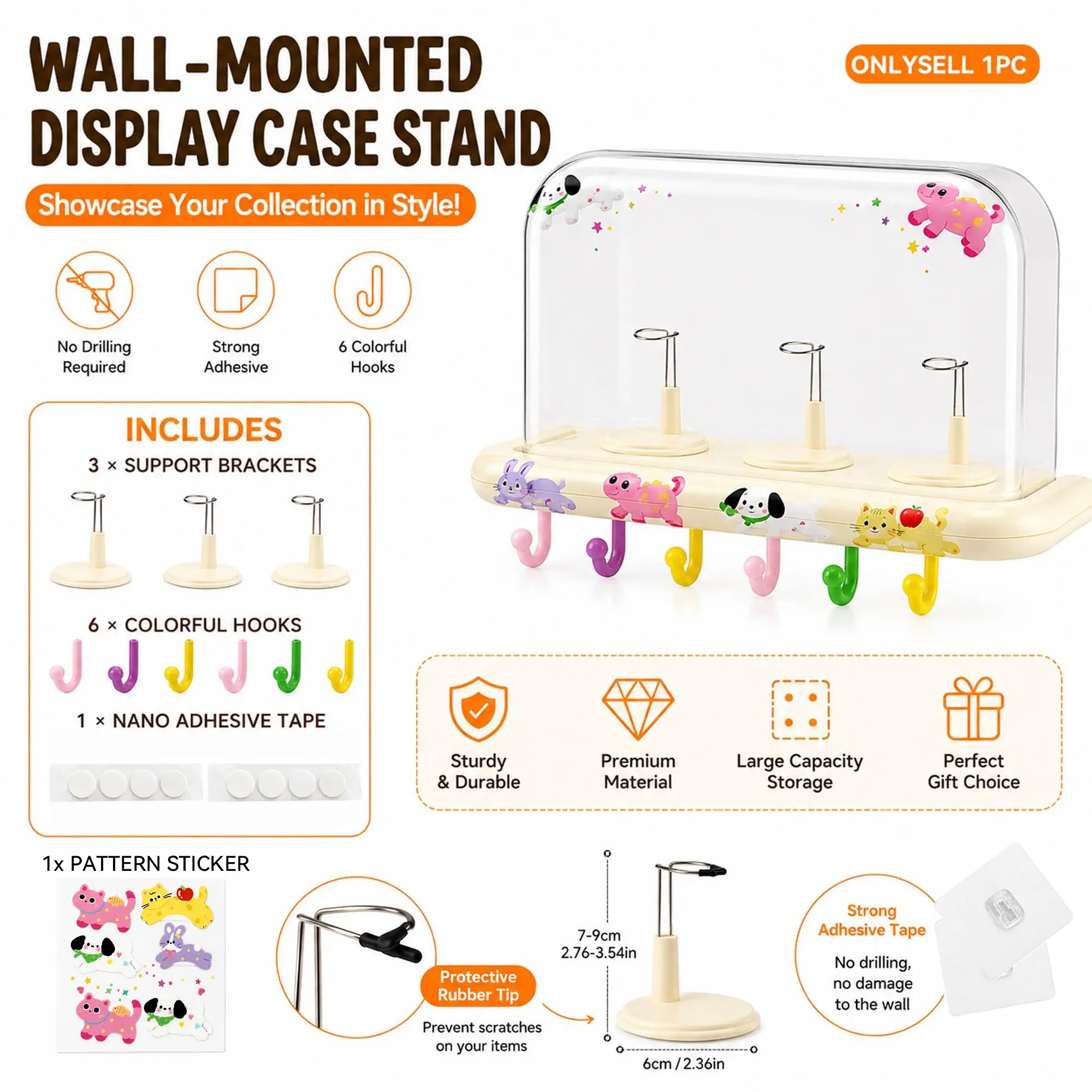 No-Drill Wall Mount Figure Display Case with 3 Doll Support Stands, 6 Hanging Hooks, Nano Adhesive Tape, Support Brackets, Clear Dustproof Large Storage Capacity for Labubu Plush Toys, Mini Action Figures, Small Collectibles