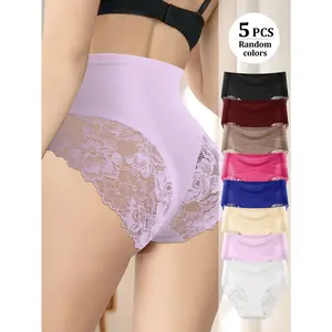 QUASTI 5-Pack Random Color Women's Underwear, High Waisted Milk Silk Lace Panties, Cross Design Sexy Comfy Breathable Intimates for Daily Wear, S-XXL Polyester Soft