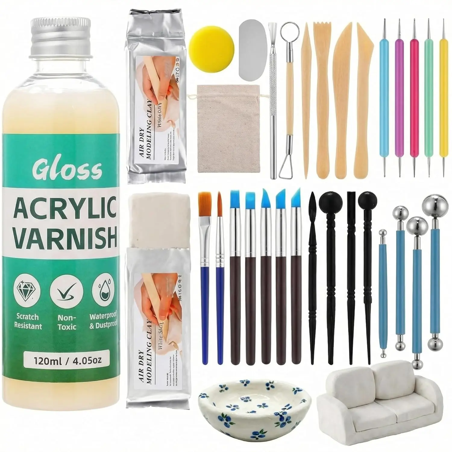 2.2 Lbs Air Dry Clay for Adults with Gloss Varnish and 26 count Sculpting Tools White  Modeling Pottery Clay Tool Kit for Sculpting Modeling Shaping Crafts
