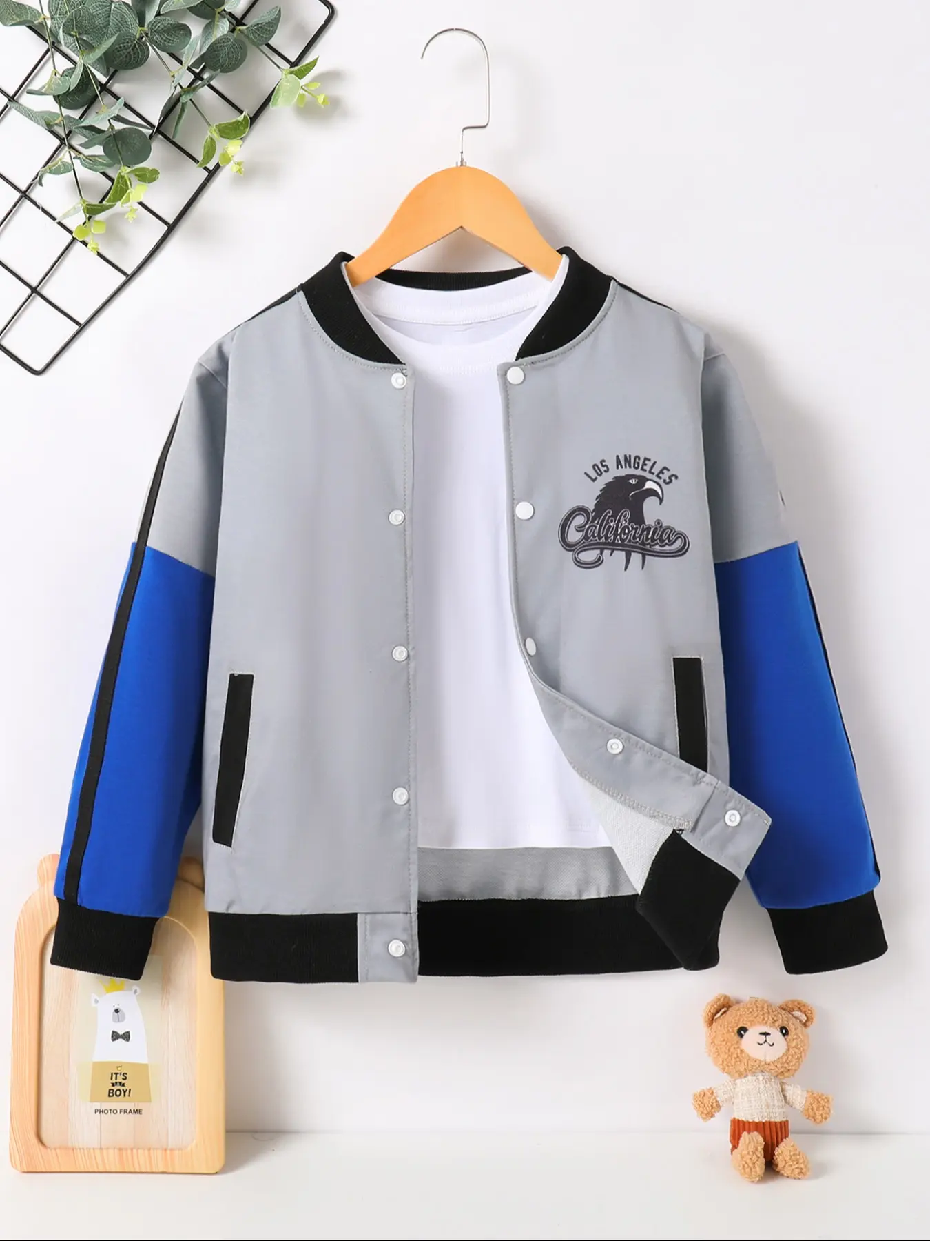 Fall Baseball Jacket, Boys' Colorblock Long Sleeve Outerwear, Cartoon Print Fitted Top, Casual Style for Middle Schoolers