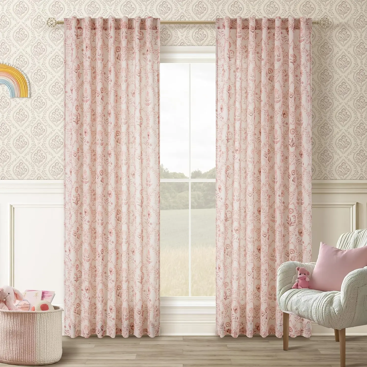 Pink Floral Curtains 84 Inches Long 2 Panel Set for Living Room| Semi Sheer,Light Filtering,Printed Curtains,Blush Pink Flower Pattern, Farmhouse,Boho,Drapes for Cute Girls Bedroom,Nursery