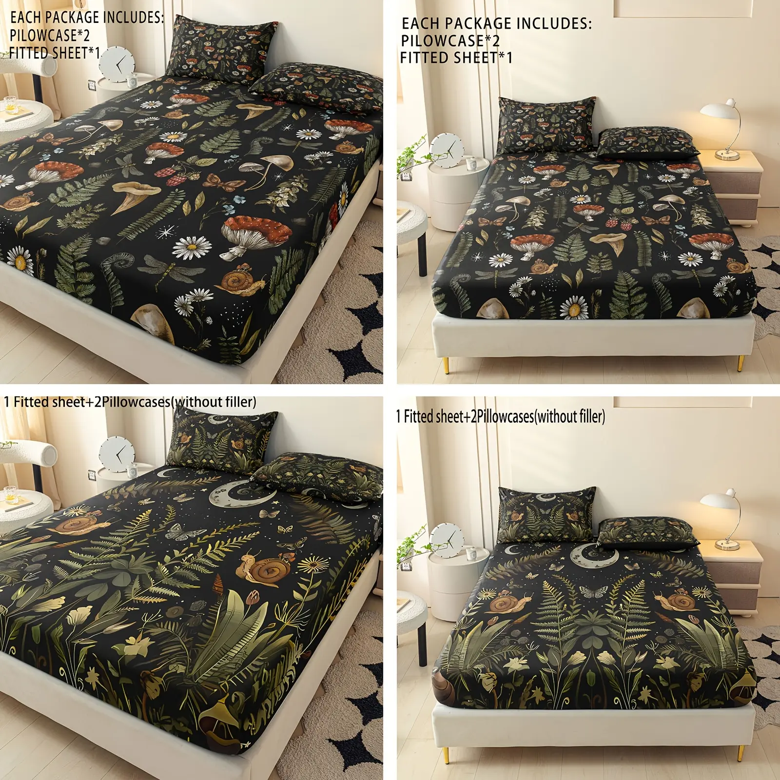Polyester 3-Piece Printed Mushroom Forest Bedding Set - 1 Bedsheet + 2 Pillowcases (No Inserts), Soft Comfortable for Bedrooms/Guests, Ideal Family & Friends Gift (Mid-Year Sale), Printed Set