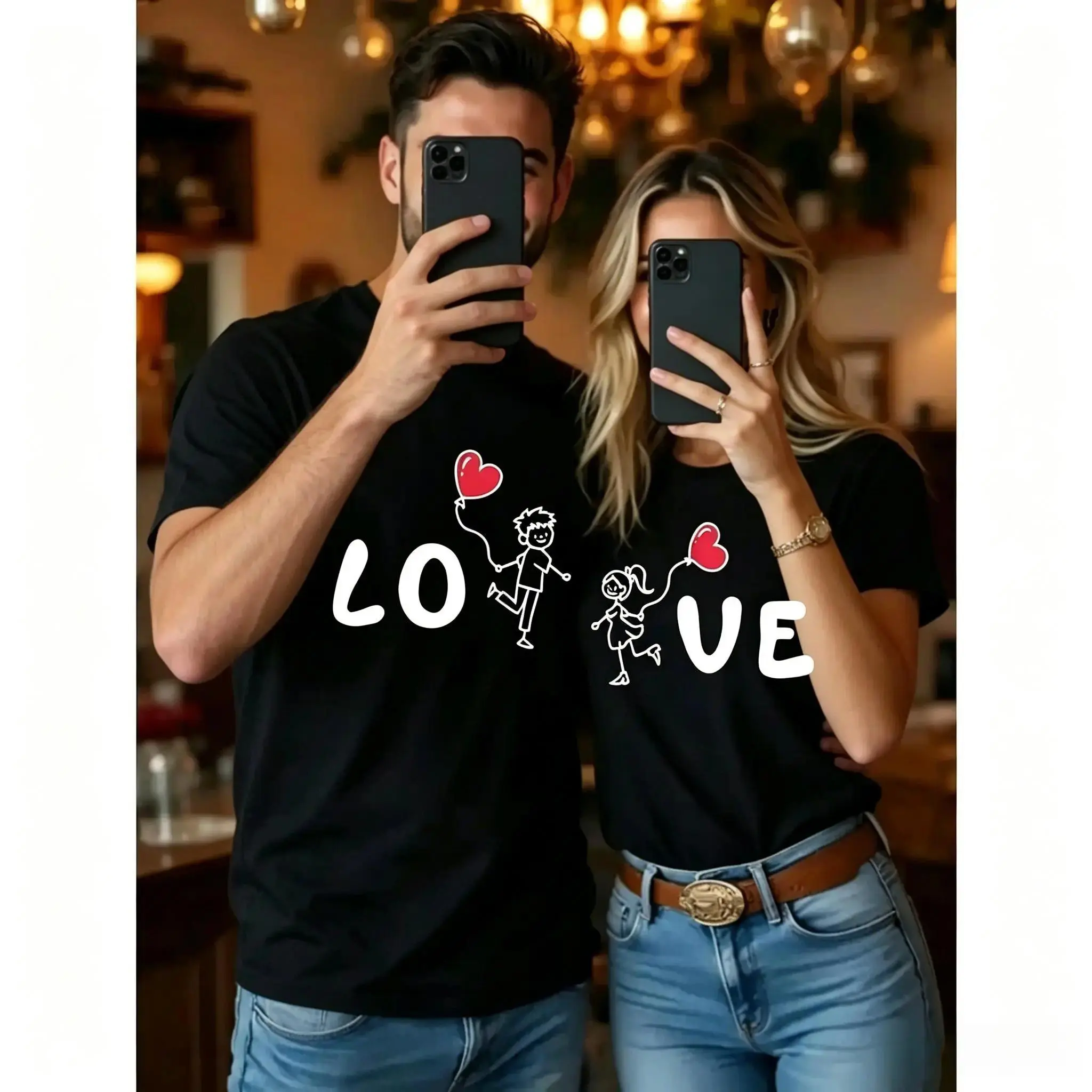 His & Hers Matching Couple Irregular Geometric Cartoon LOVE Split Print T-Shirt Soft Breathable Regular Fit Crew Neck Short Sleeve Spring Summer Daily Wear Date Nights Romantic Gifts Machine Washable