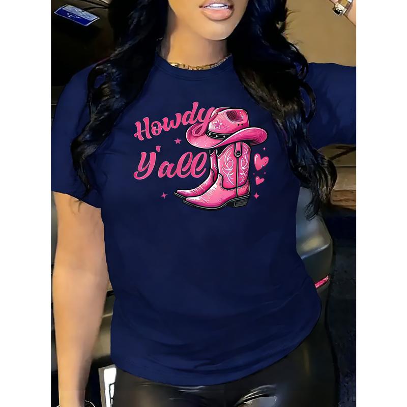 100% Cotton Women's Printed T-Shirt - Pink Western Short Sleeve Top with Cowboy Boots and Horseshoe Design, Soft Breathable Round Neck Casual Shirt, Suitable for Spring, Summer, and Autumn, Country Music Festival Outfit