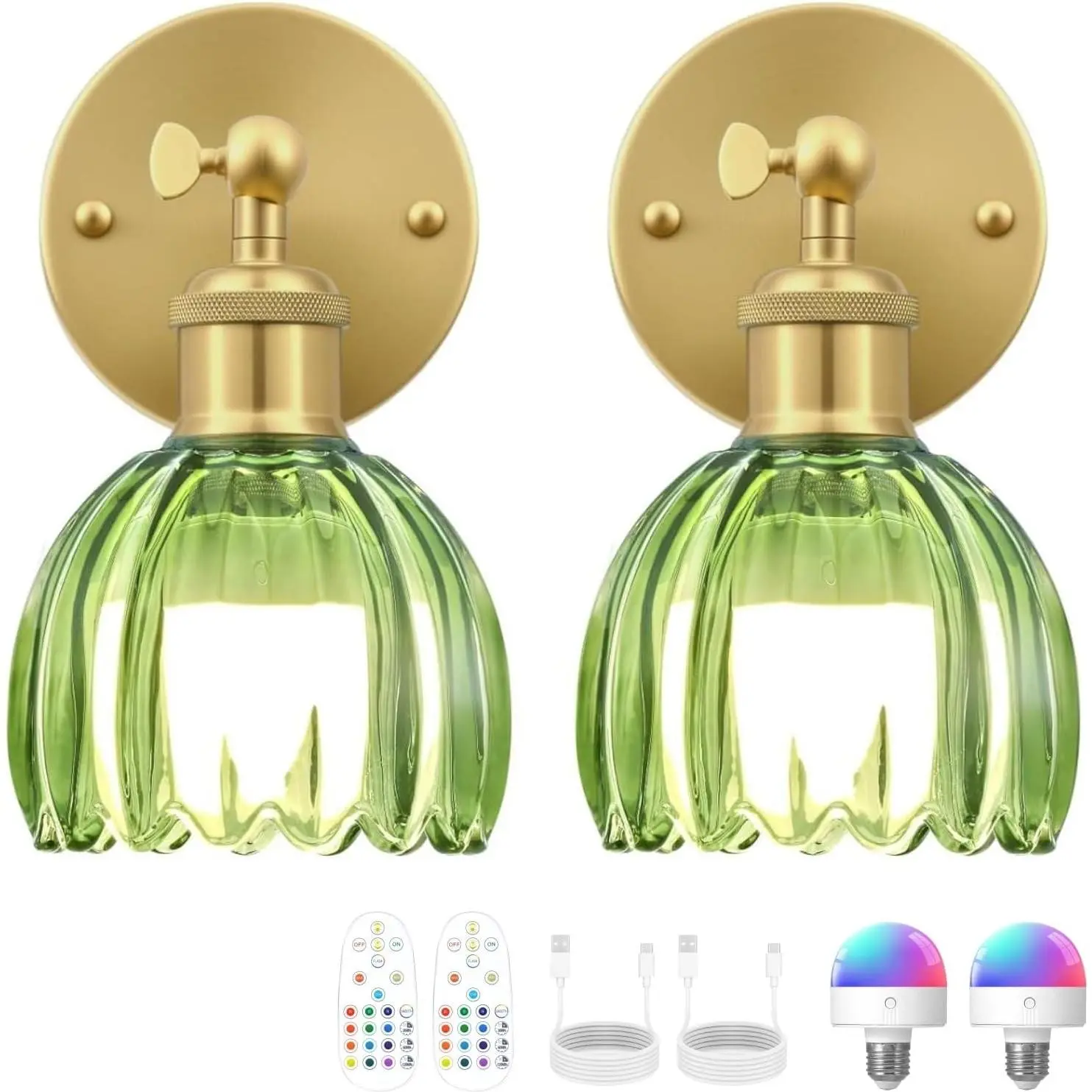 Vintage Battery-Operated Rechargeable Dimmable LED Wall Sconce Lamp Set of 2, Green Tulip Glass Shade Wall Lights with Remote Control, Bedroom Decor for Bedside Living Room