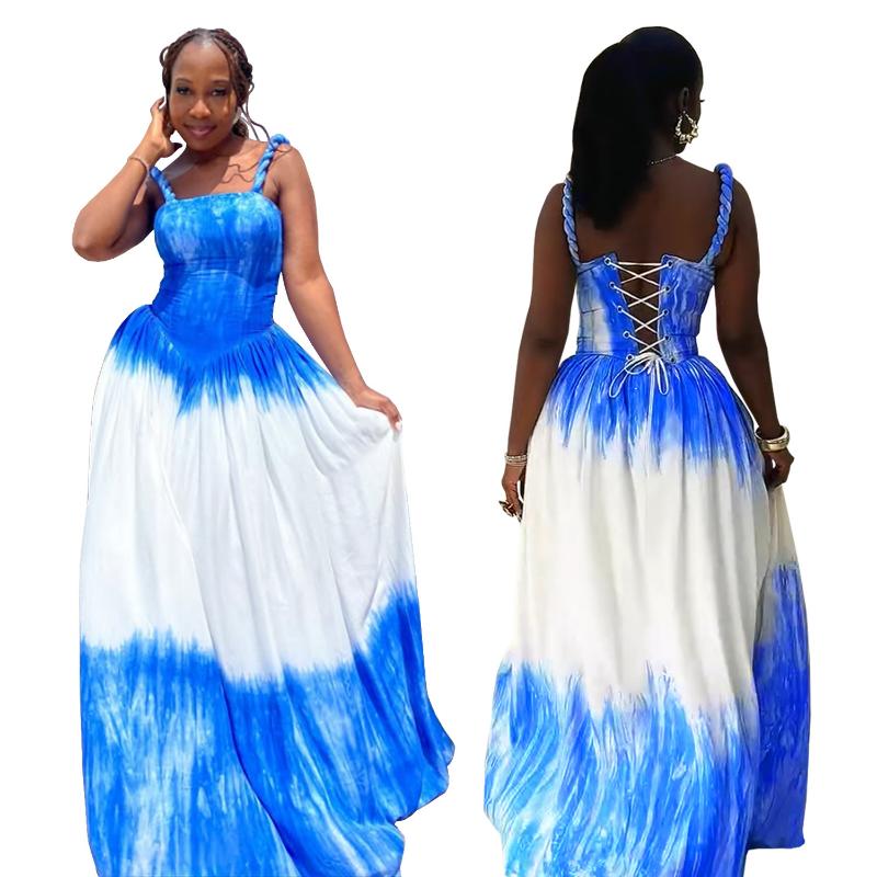 Women's Y2K Blue & White Tie-Dye Halter Neck Maxi Dress - A-Line Floor-Length Beach Dress with Back Tie Closure, Semi-Sheer Sleeveless Design for Vacation, Travel, Daily Outfits - All-Season Casual to Formal Events (Machine Washable) - Turq