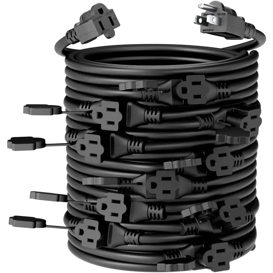 Durable 16 Gauge SJTW Wired Power Extension Cable, 50FT Indoor/Outdoor Plug Splitter with 11 Evenly-Spaced Sockets, 13Amp ETL Listed Connector for Car Battery Repair, Stage Backlines Use