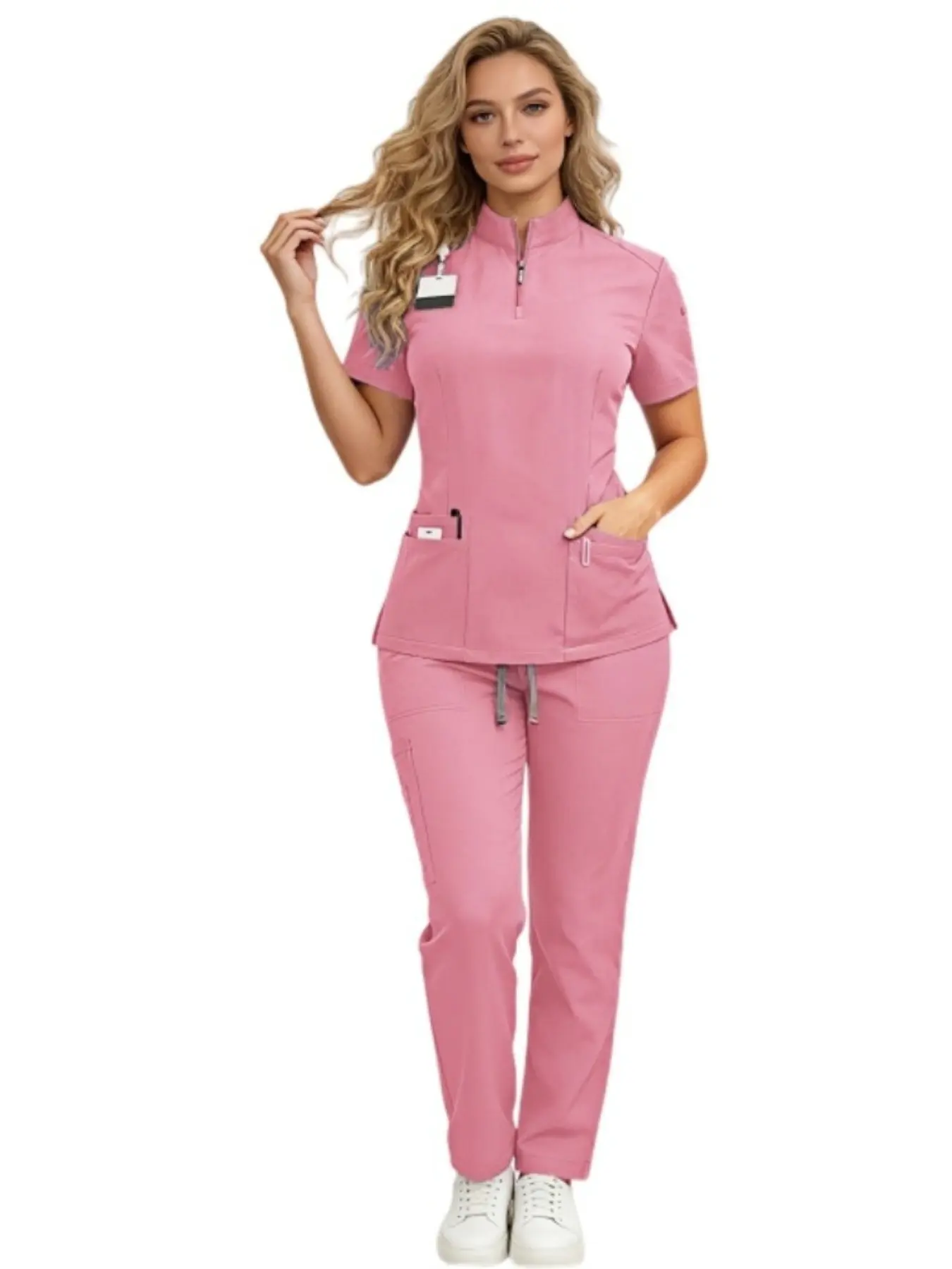 Stand Collar Zipper Scrub Set For Women Doctor Nurse Uniform Two Pieces Workwear Suit For Medical Clinical Working Clothes
