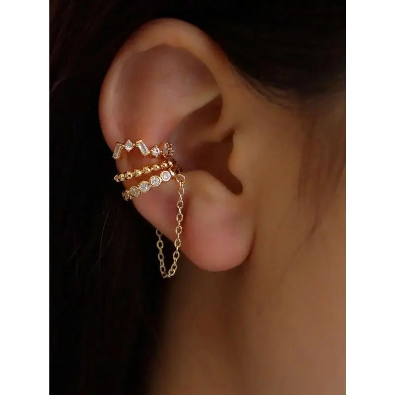 Women's 3-Pcs Yellow Gold Shiny Cubic Zirconia Clip Earrings with Elegant Layered Stackable Chain, Sporty Chic Versatile Sports & Outdoor Protective Gear Accessory for Adults' Casual & Party Wear, Synthetic Coloured Gemstone, Female