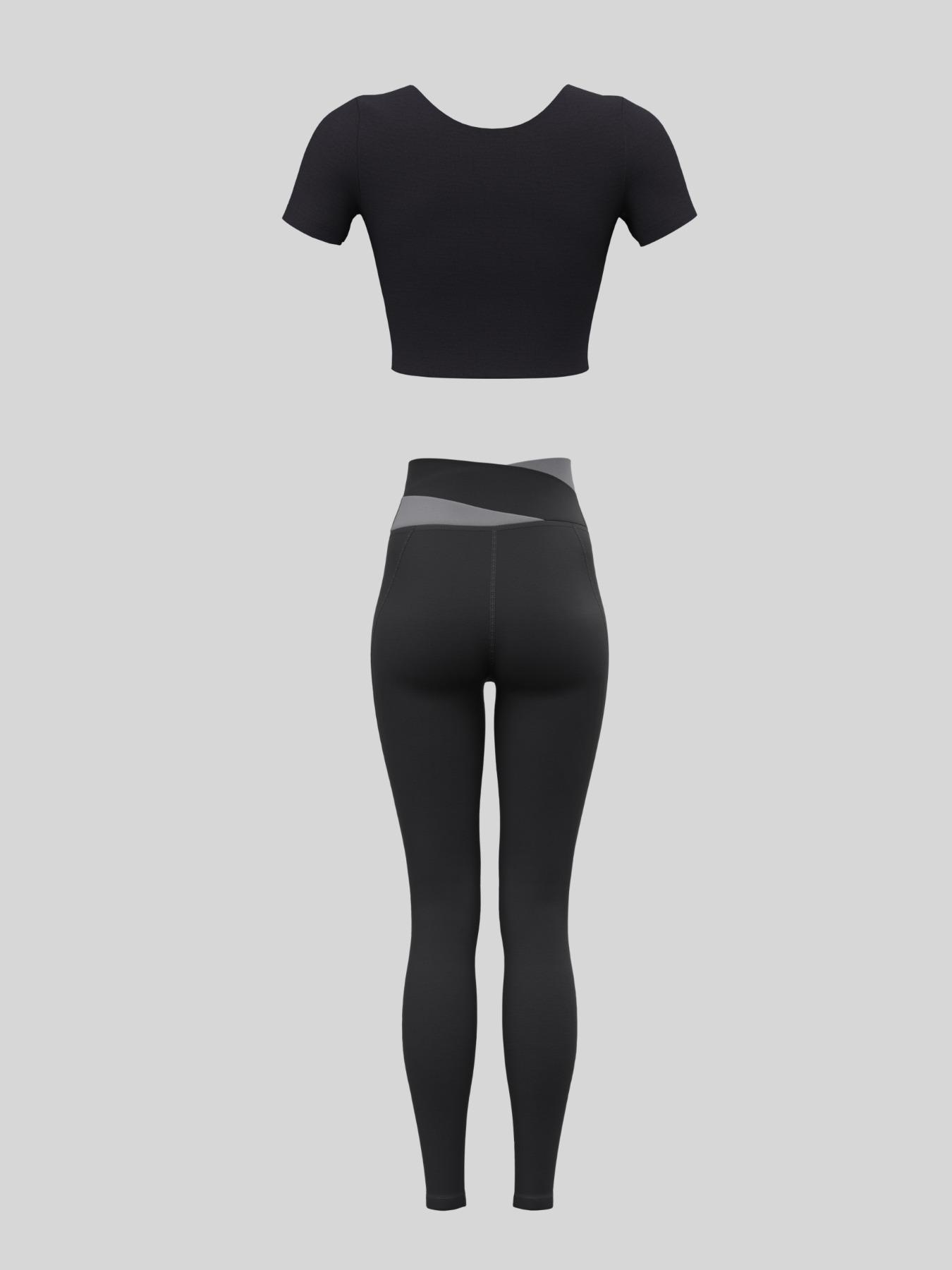 Women's Colorblock Crop Tee & High Waist Leggings Tracksuit Set, Sporty Breathable Comfy Outfits for Yoga Gym Workout Running Clothes, Ladies Sportswear for All Seasons