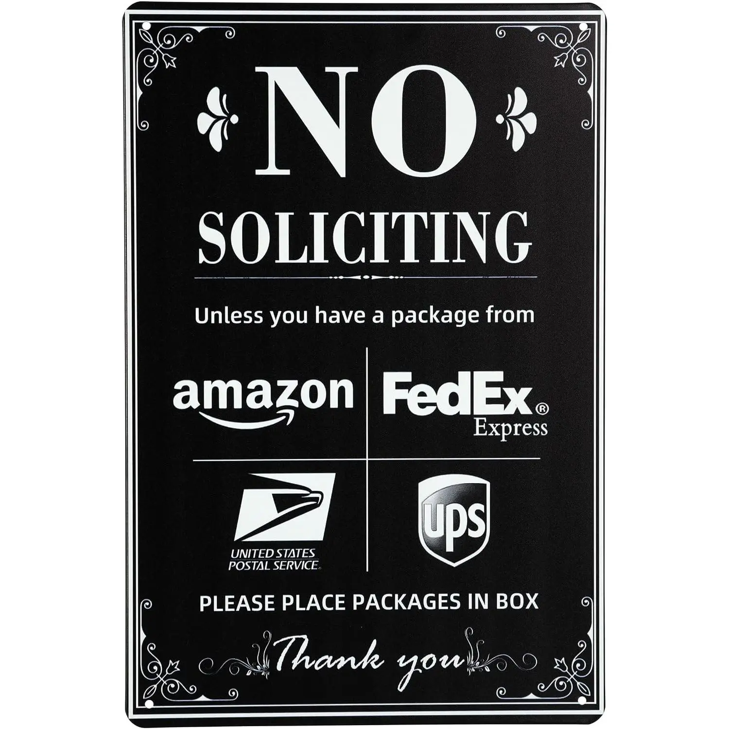 No Soliciting Decorative Metal Sign - Please Place Packages | Chic Delivery Sign for Outdoor Yard, Front Door, Indoor Office Room Wall Decor