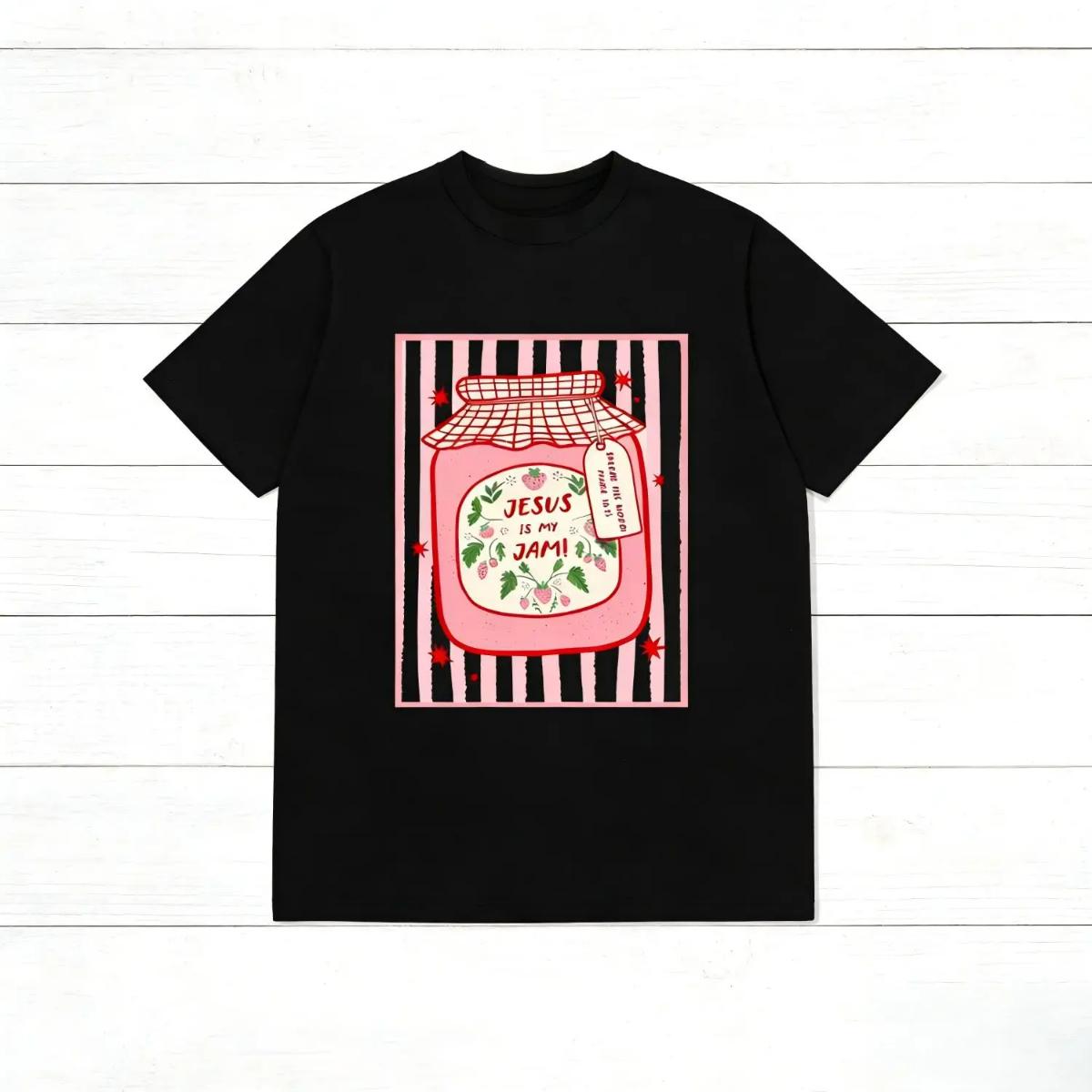 Jesus Is My Jam Strawberry Jam Jar Graphic Printed T-Shirt, Pink Washed Christian Tee, Crew Neck Cotton Polyester Graphic Shirt, y2k Fashion Casual Streetwear Humor, Everyday Outfit, Trendy Aesthetic Outfit 2026, Gifts, SuperYi