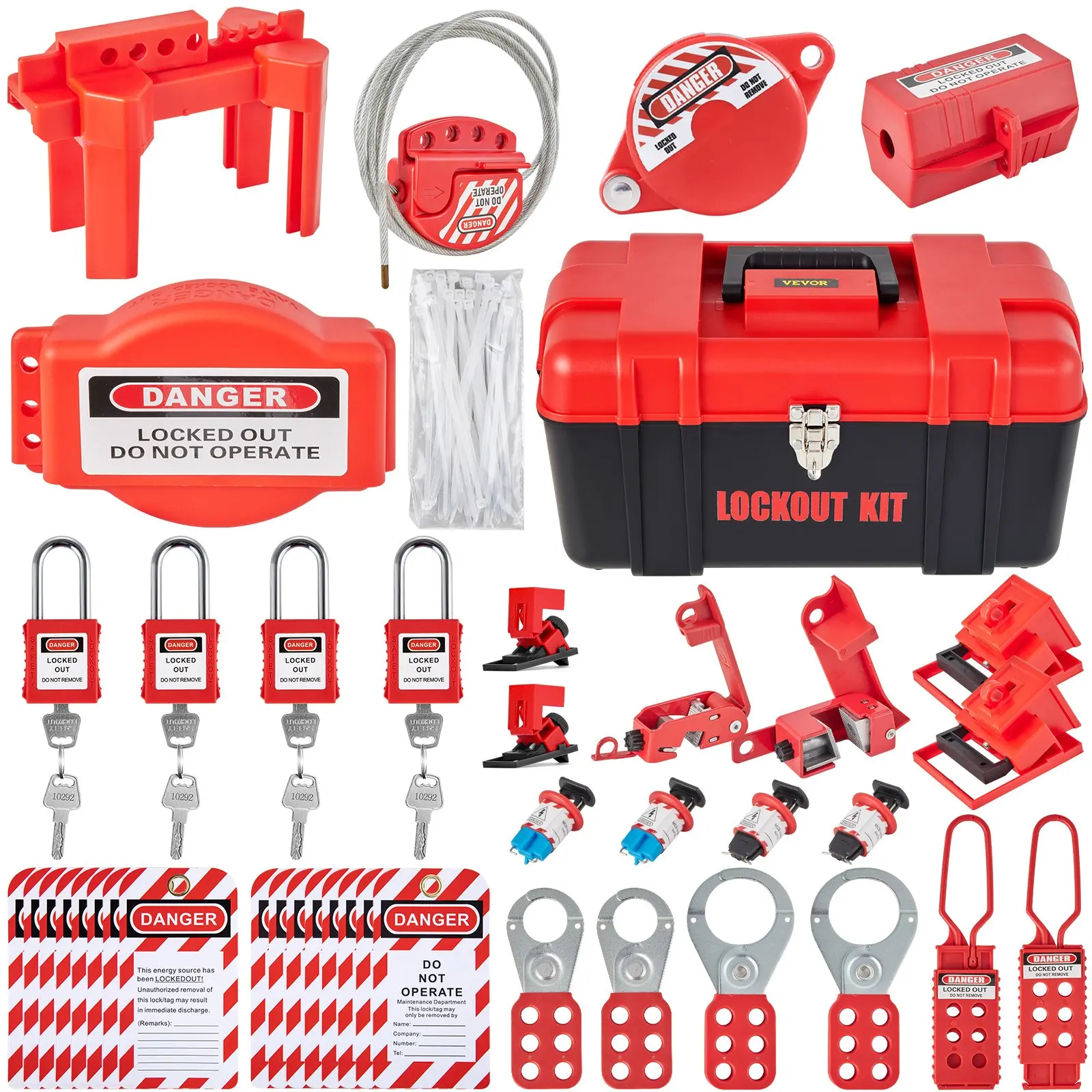 【Black Friday】VEVOR Pre-Assembled Industrial Lockout Tagout Kit 42 PCS - Industrial Kit with Padlocks, 5 Lock Device Types, Hasps, Tags, Ties & Storage Box for Machinery Risk Mitigation, Includes Padlocks