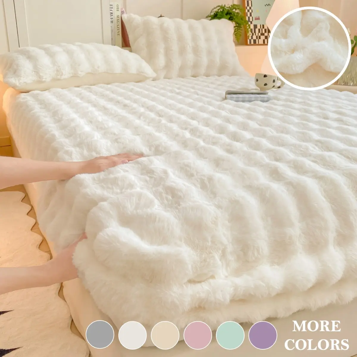 Ultra-Soft Faux Rabbit Fur Bubble Velvet Bed Sheet Set, Milk Velvet Plush Polyester Bedding, Warm and Cozy Guest Room & Dorm Room Bedding Set