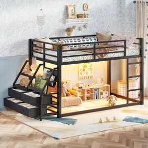 [Bellemave] Twin over Twin Bunk Bed with Storage Shelves and 4 Drawers, Metal Bunk Bed with LED Lights for Teens, Safety Guardrail and Ladder, No Box Spring Need, Easy Assembly