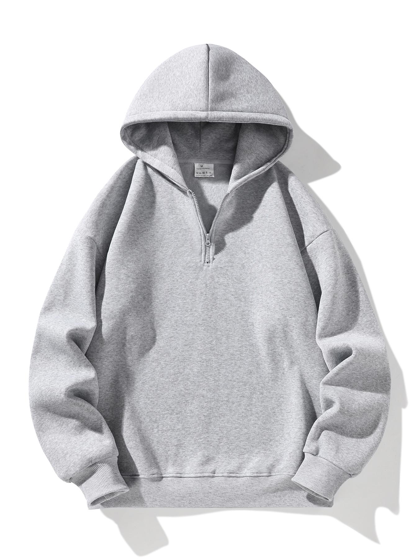 Men's Half-Zip Fleece Hoodie, Casual Plain Long Sleeve Drop Shoulder Sweater, Thick Fabric for Fall & Winter, Sporty Fashion Pullover