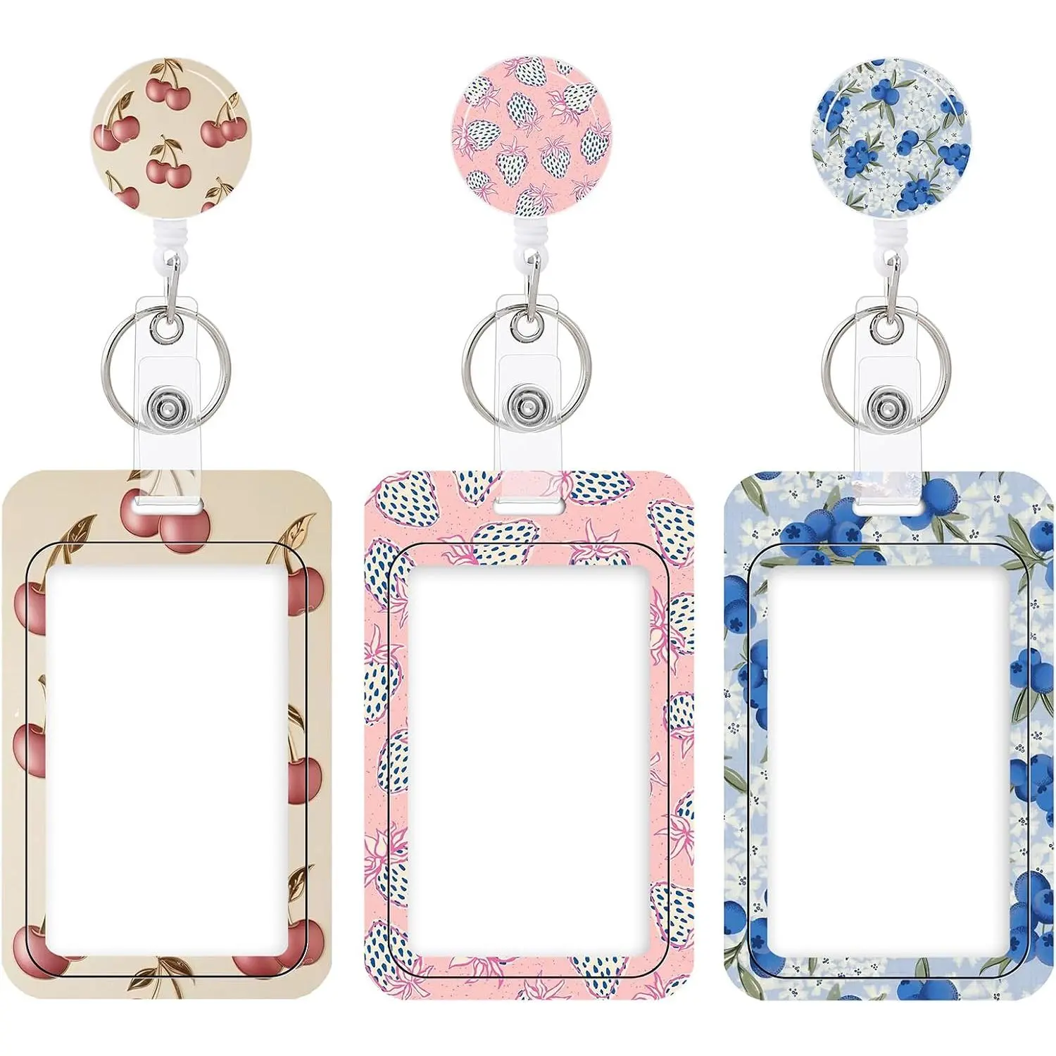 3 Set Heavy Duty Badge Holder with Retractable Reel,ID Badge Holder Key Card Work Badge Clip for Nurse Teacher Student Office Women Men (Cherry and Strawberry)