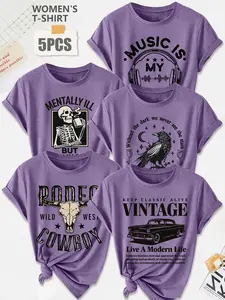Women's 5Pcs Crew Neck T-Shirt, Outdoor Forest Mountain Camping Series Print, Multiple Colors Available, Machine Washable, Spring & Summer Tops, Soft Skin-Friendly Fabric, Daily Versatile, Fashion Design