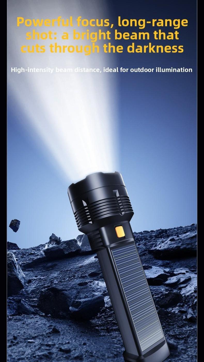 Solar Powered Flashlight, High Brightness Long Range Rechargeable Portable Torch, Concentrated Light for Camping Hiking Emergency