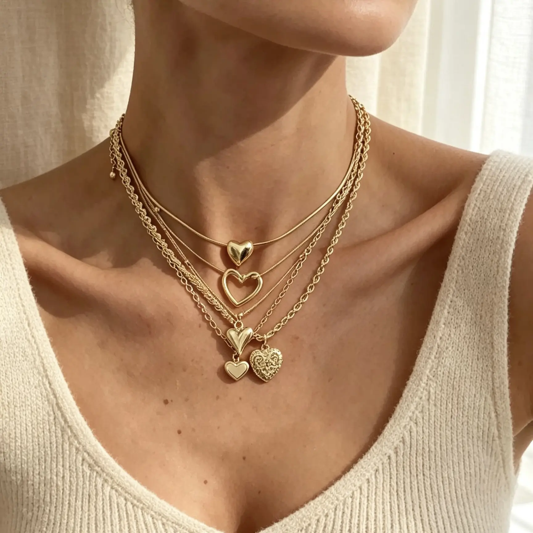 Trendy 5-Layer Gold Tone Heart Necklace Stack, Chunky & Dainty Mixed Chains, Boho Y2K Style Jewelry Set, Perfect for Daily Wear statement beaded
