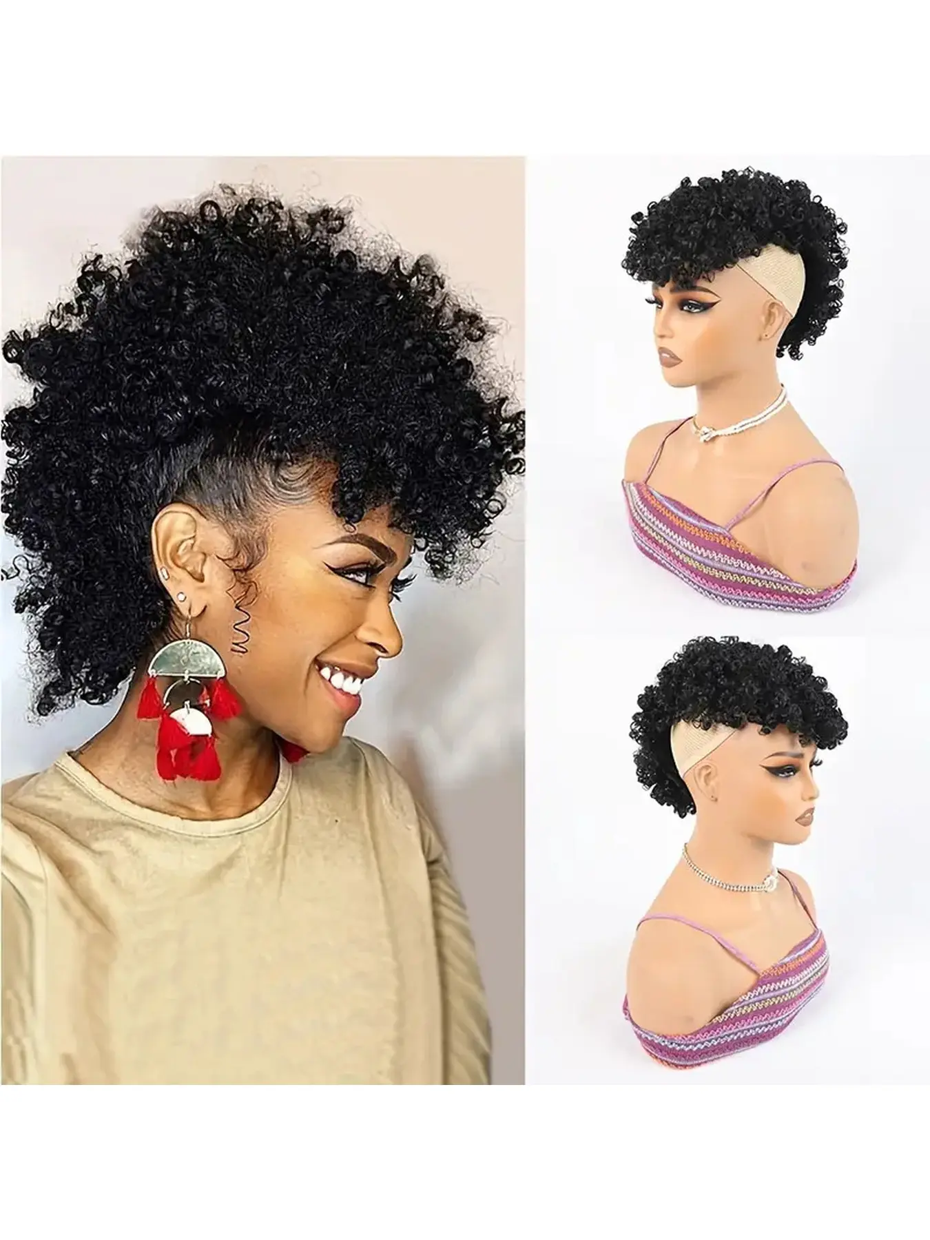 Fashionable Lightweight Synthetic Full Lace Wig Cap for Women with Voluminous Afro Curly Short Mohawk Style Chicken Crown Look Comfortable Breathable Everyday Wear Trendy Street Style Accessory