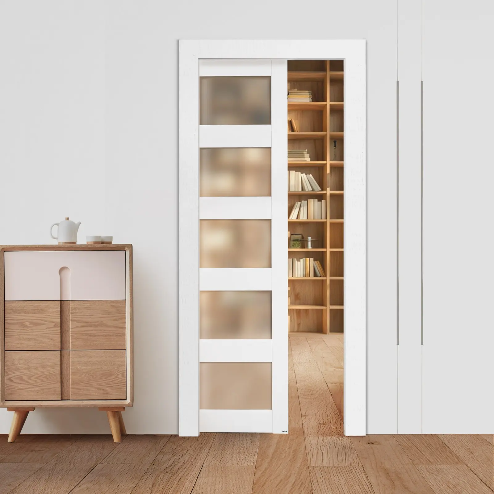 VEVOR Sliding Pocket Door, 36" x 80", 5-Lite Frosted Glass Single Sliding Door with Hardware Kit, Sturdy Solid Wood MDF Pocket Doors Slab with Waterproof Surface for Bedroom Kitchen Study Room