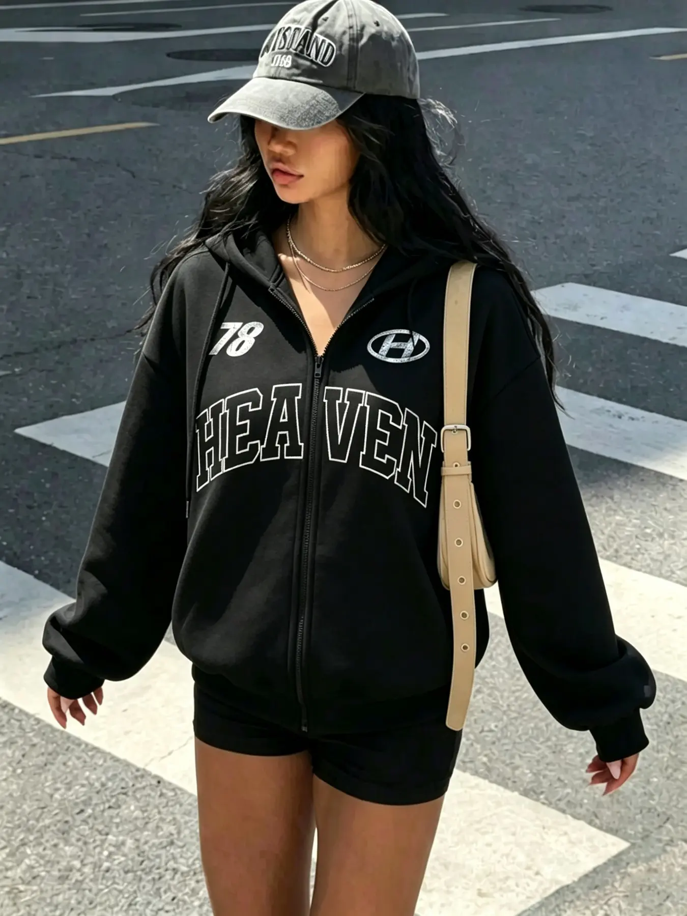 Women's Black HEAVEN 78 Letter Print Boxy Zip Up Hoodie | Oversized Streetwear Hooded Sweatshirt | Casual Drawstring Long Sleeve Jacket for Women