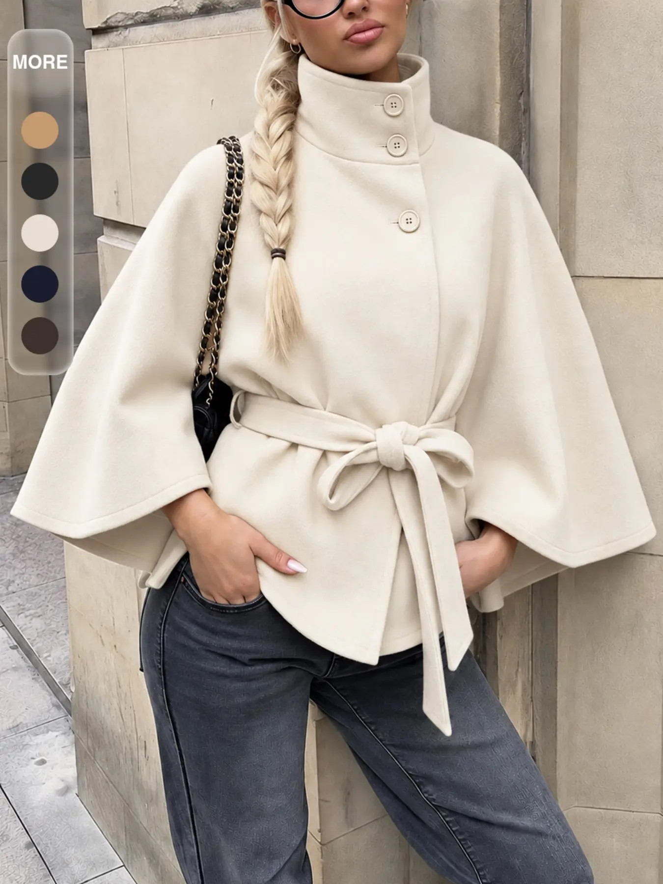 Women's Short Cape Coat with Tie Design, Stand Collar Button Front, Wide Sleeves, Waist Belt, Elegant Fall Winter Casual
