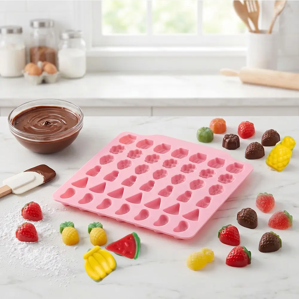 Mini Fruit Shape Candy Mold, 42 Cavities Silicone Soft Candy Mold, Banana Strawberry Grape Watermelon Pineapple Chocolate Mold