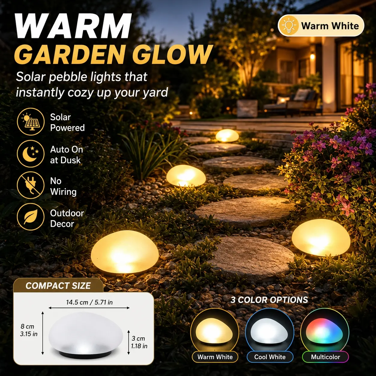 2 Pack 3 Colors Pebble lamp, Solar Powered Lighting, Solar Pathway Lights Outdoor, IP65 Waterproof, Auto On/Off, Energy Saving Warm White LED, Outdoor Lights for Backyard, Walkway, Garden