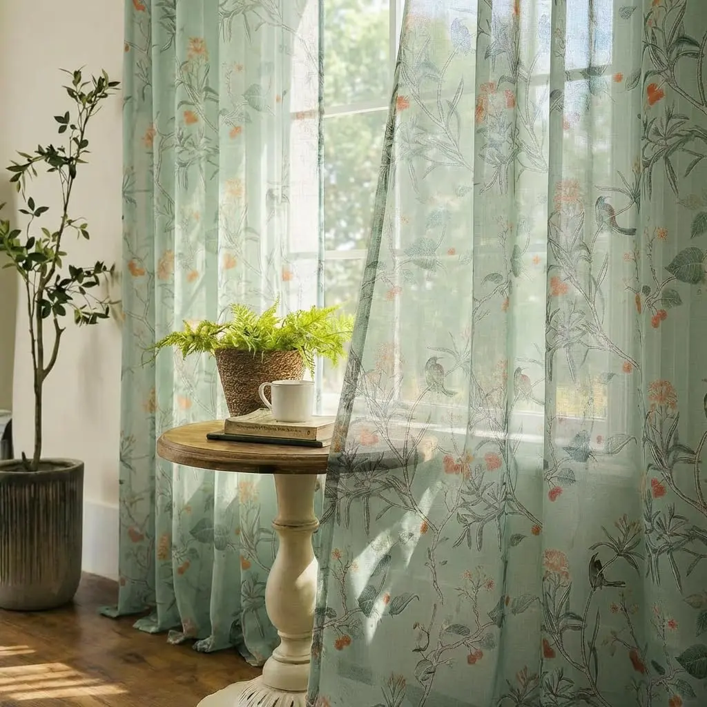 Cottage Core Curtains for Kitchen, Nature Cottagecore   Green  Bird Floral Sheer Panel for Bedroom Living Room Furniture Bathroom Decor, 63 Inch Length 2 Panels