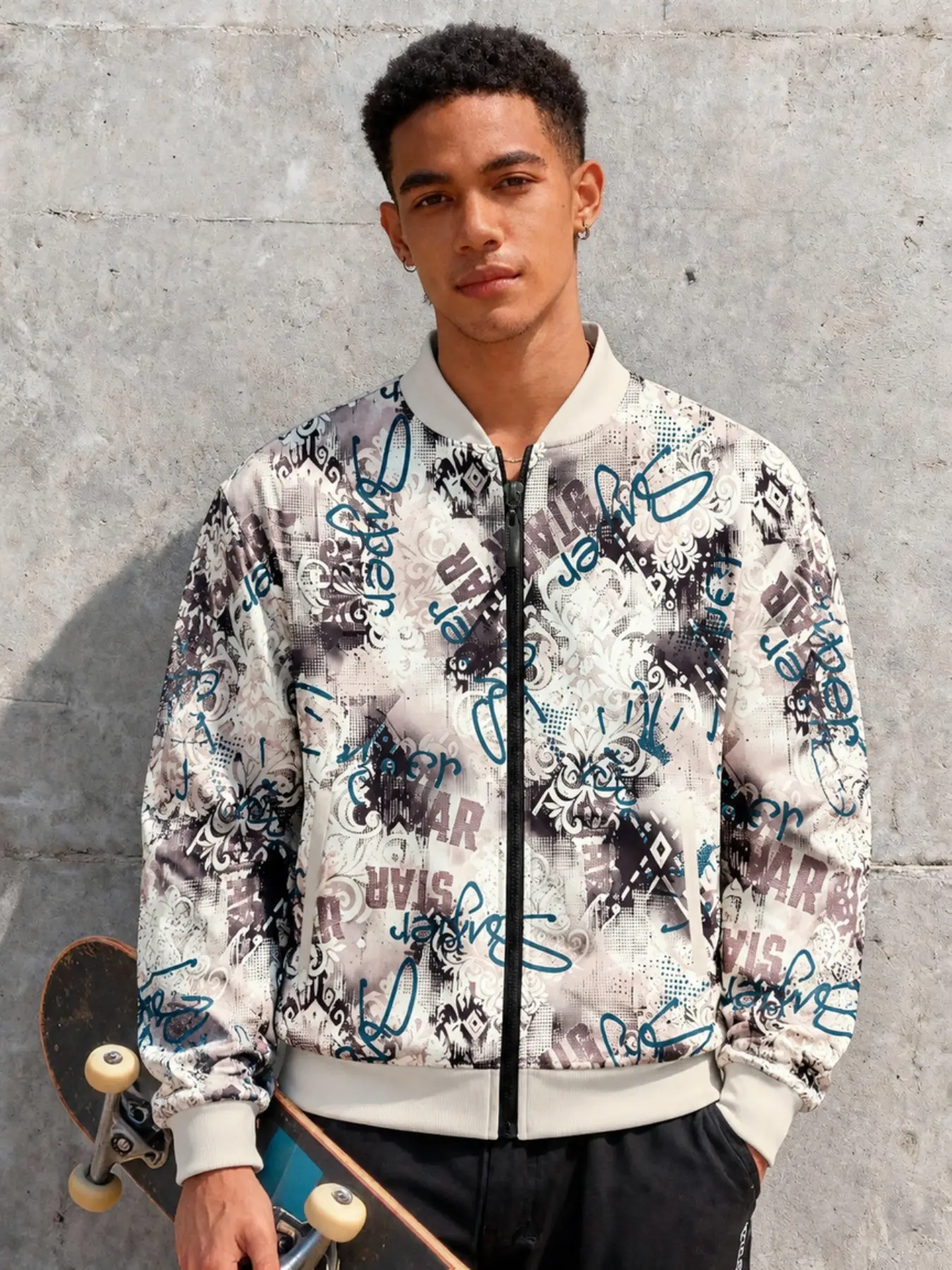 Men's Retro Baroque Graffiti Full Print Bomber Jacket, Street Style Long Sleeve Casual Outerwear, Slim-Fitting Unlined Jacket