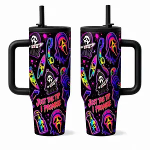 1pc 40oz Neon Horror Movie Style Stainless Steel Vacuum Insulated Tumbler with Handle, Leakproof Lid and Straw, Double Wall Travel Office Cup for Hot & Cold Drinks, Keeps Hot 12H & Cold 24H, Spooky Gift Cup